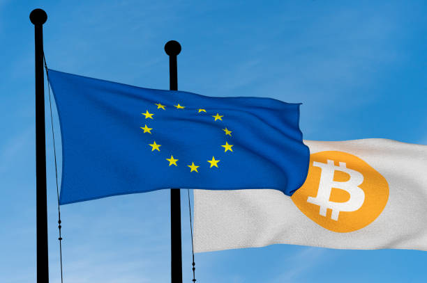 istock European flag and Bitcoin Flag waving over blue sky (digitally generated image) 920431914