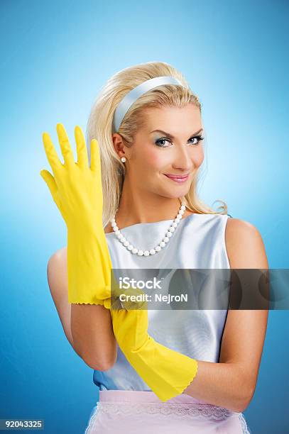 Beautiful Happy Housewife With Rubber Gloves Stock Photo - Download Image Now - Retro Style, Washing Up Glove, Housewife