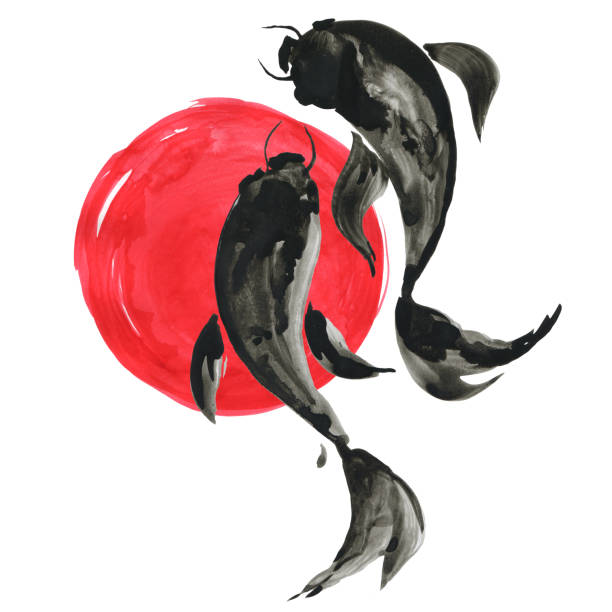 日本スタイルの鯉魚と赤太陽。水彩イラスト - carp点のイラスト素材／クリップアート素材／マンガ素材／アイコン素材