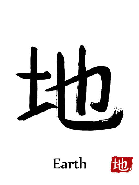istock Hand drawn Hieroglyph translate Earth . Vector japanese black symbol on white background with text. Ink brush calligraphy with red stamp(in japanese-hanko). Chinese calligraphic letter icon 920434518