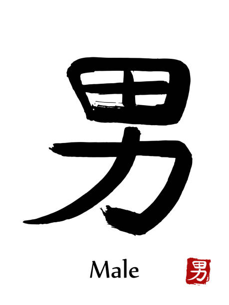 手描きの象形文字は、男性を変換します。ベクトル テキストを白い背景に日本の黒シンボル。(日本語-ハンコ) の赤いスタンプとインク ブラシ書道。中国書道文字アイコン - male1点のイラスト素材／クリップアート素材／マンガ素材／アイコン素材