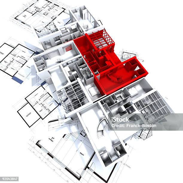 Appartamento Rosso Sulle Cianografie Modello - Fotografie stock e altre immagini di Appartamento - Appartamento, Architetto, Architettura