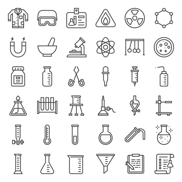 Lab and chemistry education icon, thin line Lab and chemistry education icon, thin line flask funnel stock illustrations