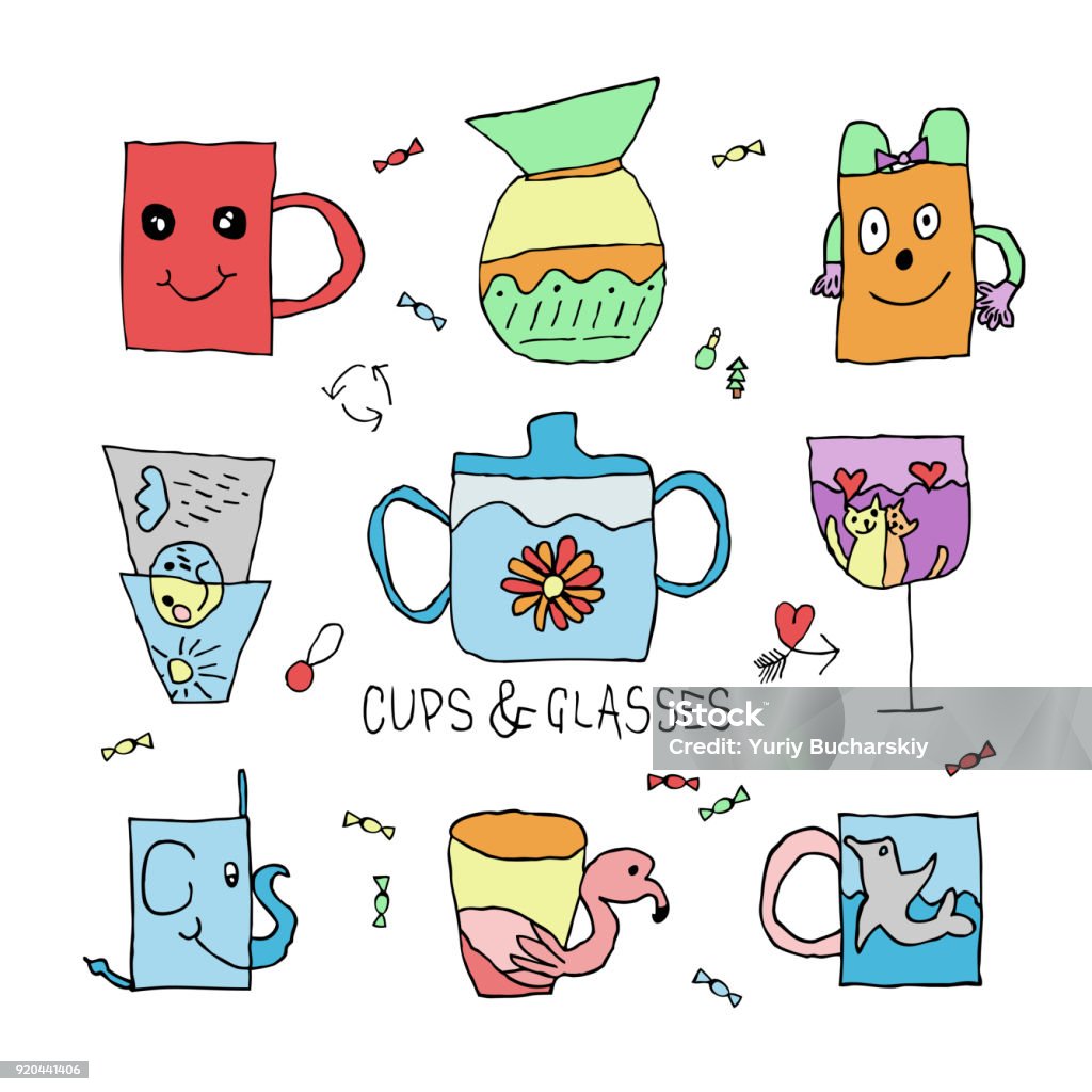 Child Vector childrens drawing cups and glasses. Doodle baby color illustration. Abstract stock vector