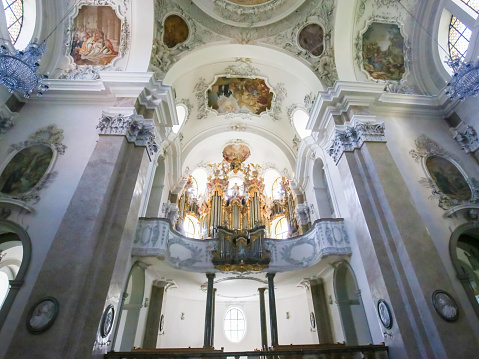 18th Century Main Organ and Frescoes in Saint Mang Basilica in Fussen, Bavaria, Germany.
