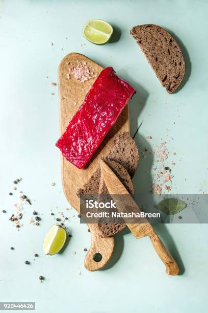 Beetroot Marinated Salmon Stock Photo - Download Image Now - Above, Appetizer, Backgrounds