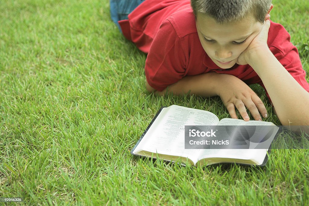 Boy lying grass reading a book Young boy reading a bible outside. Bible Stock Photo