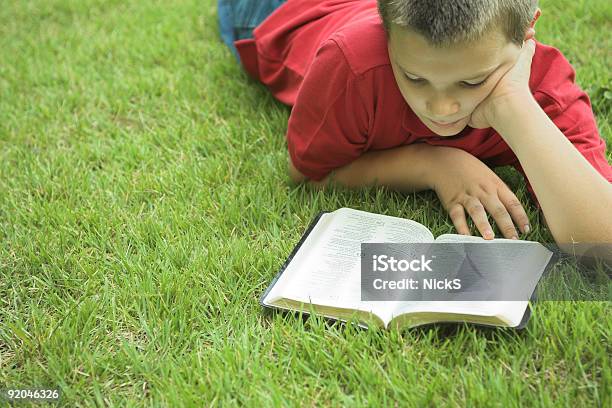 Boy Lying Grass Reading A Book Stock Photo - Download Image Now - Bible, Child, Reading