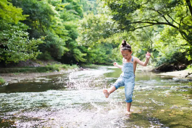 Photo of Little girl playing on a stream