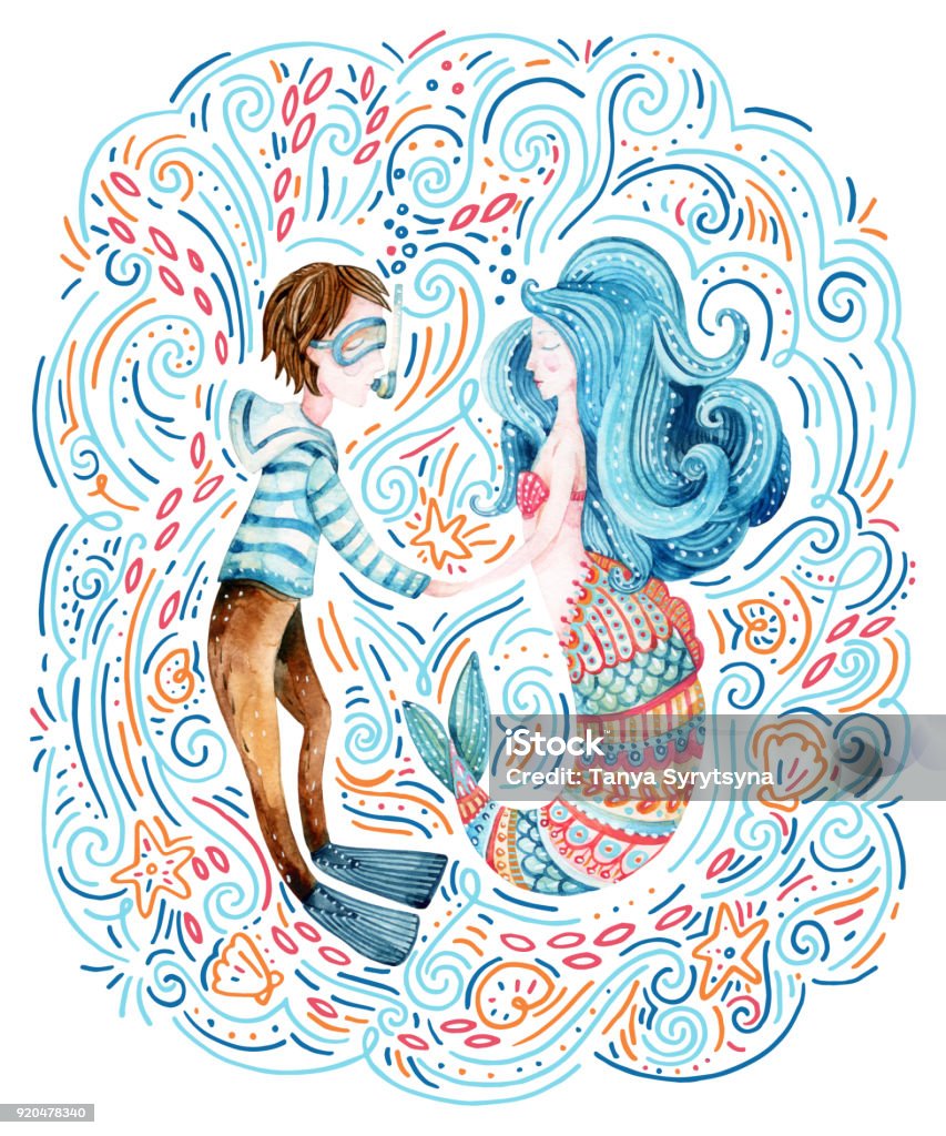 Watercolor sailor and mermaid in love surrounded by doodle waves, sea star, seashell. with sailor and mermaid in love. Hand painted sea cartoon illustration Mermaid stock illustration