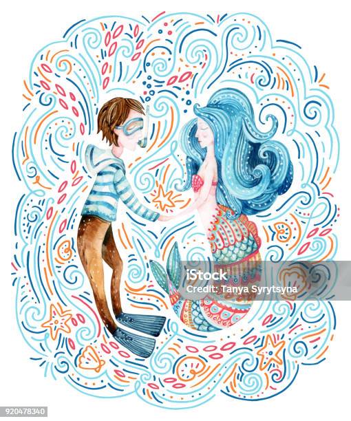 Watercolor Sailor And Mermaid In Love Surrounded By Doodle Waves Sea Star Seashell Stock Illustration - Download Image Now