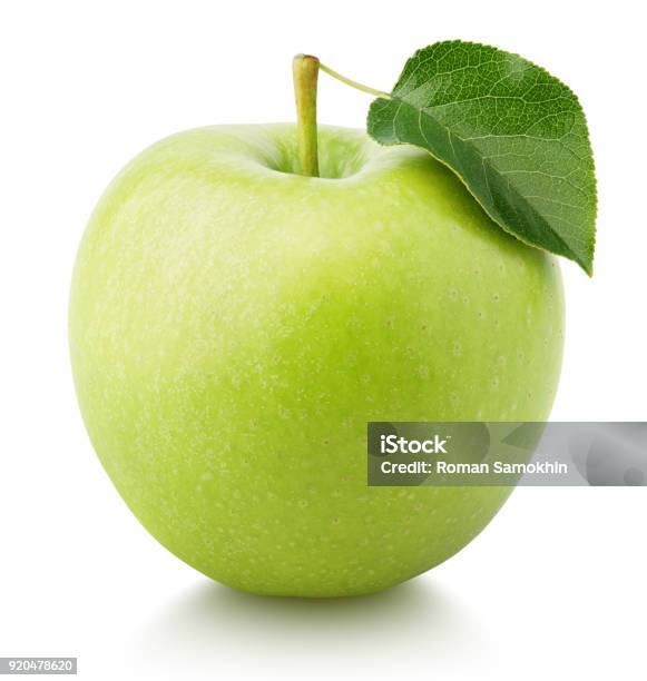 Grüner Apfelfrucht Mit Grünem Blatt Isoliert Auf Weiss Stockfoto und mehr Bilder von Apfel