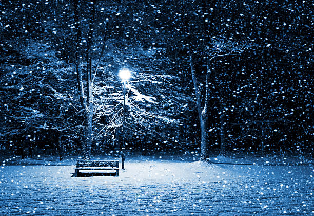 An empty bench in a snowy night scene stock photo