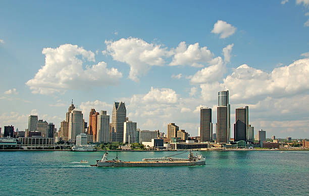 Downtown Detroit elevated / aerial skyline view during autumn featuring the Renaissance Center on the right.