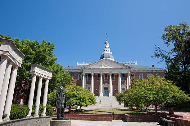 Landscape image of Maryland State House with white columns stock photo