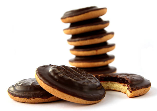 Chocolate coated butter biscuit on white plate