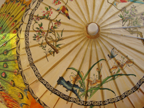 Colorful umbrellas - souvenirs  for sale in the ancient temple of Bagan, Myanmar (Burma)