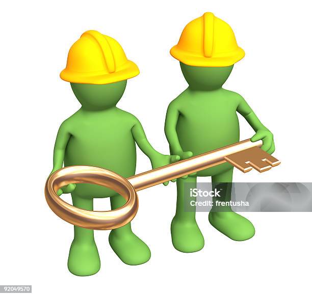 Dwa Builderspuppets Trzymając W Rękach Złoty Klucz - zdjęcia stockowe i więcej obrazów Agent ubezpieczeniowy