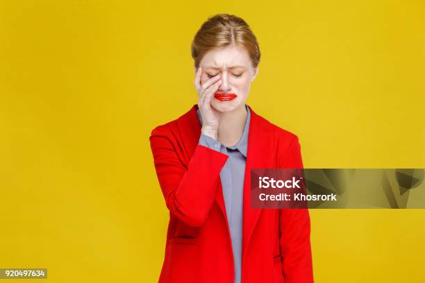 Ginger Red Head Business Woman In Red Suit Have Tooth Pain Stock Photo - Download Image Now