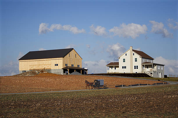 Drone shot of farms surrounded by rolling green fields in Lycoming County, Pennsylvania on a sunny day in Fall. The area is known for a large number of Mennonite and Amish communities.