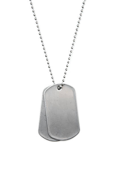 Silver dog tags on a chain on a white background stock photo