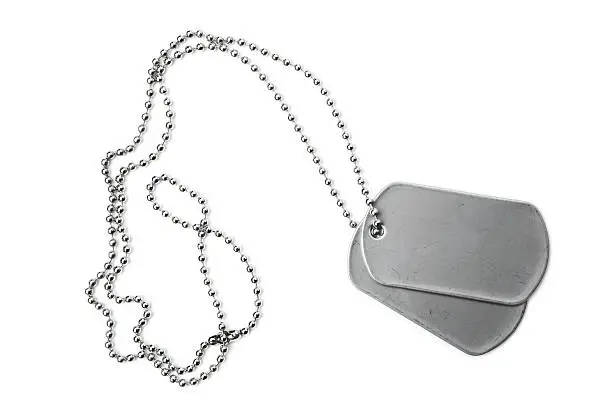 Photo of Blank dogtags and ball chain on white background