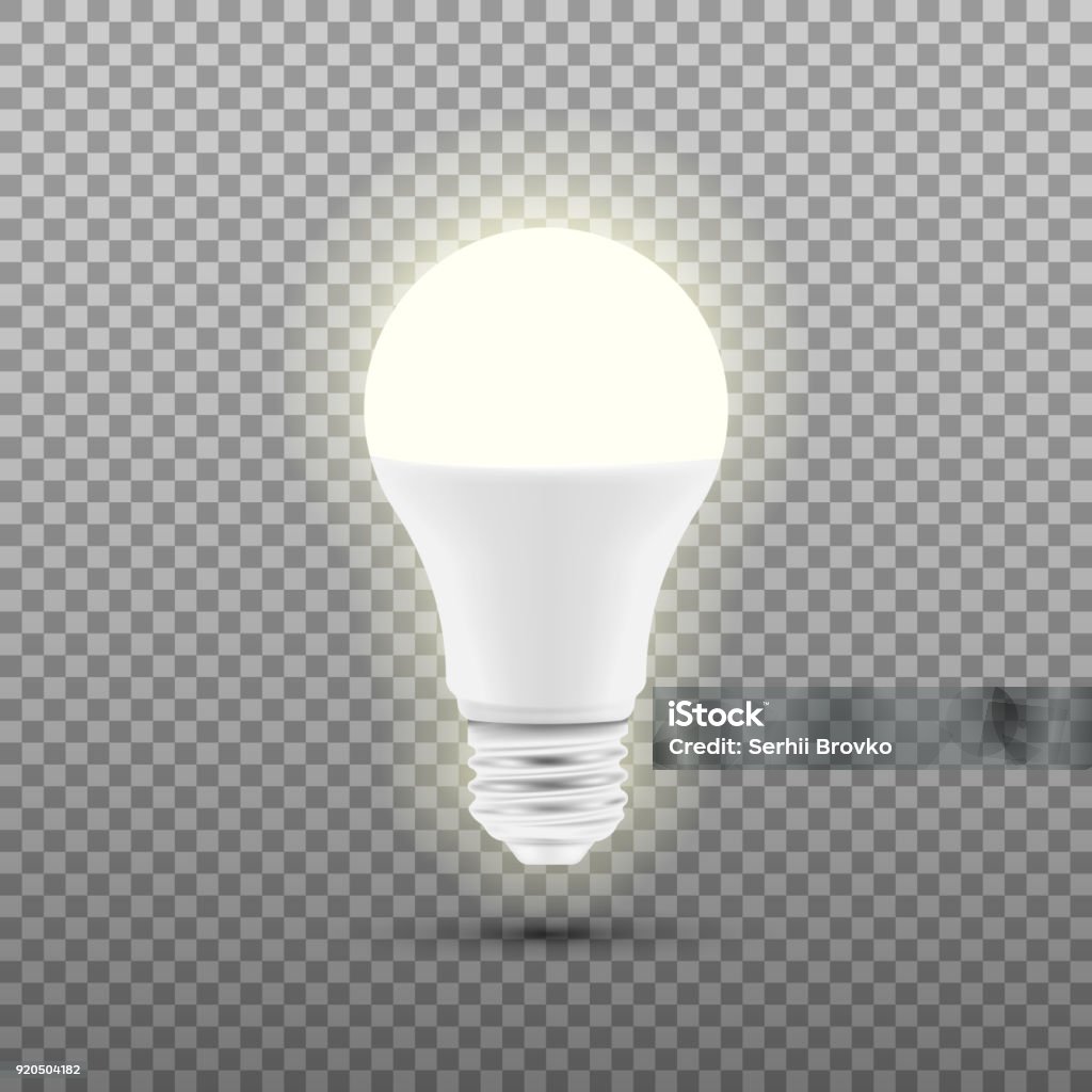 Bombilla de LED que brilla intensamente aislado sobre fondo transparente. Ilustración de vector. - arte vectorial de Bombilla libre de derechos