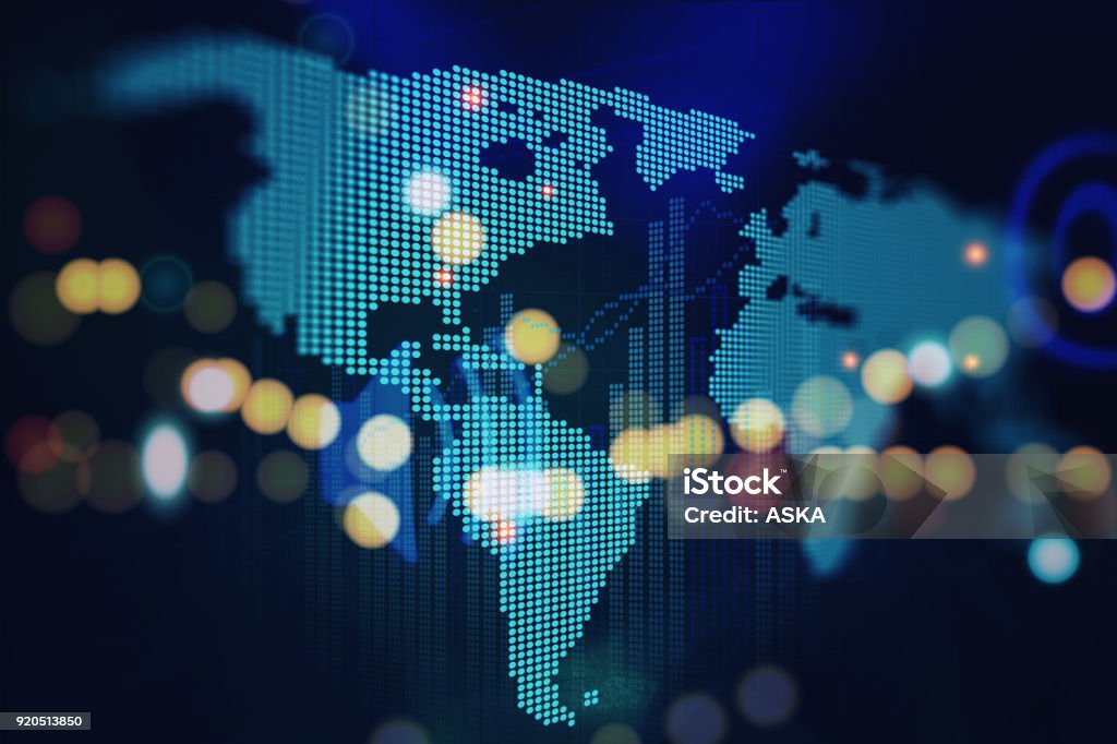 Business chart with glowing arrows and world map Technical financial graph on technology abstract background Global Business Stock Photo