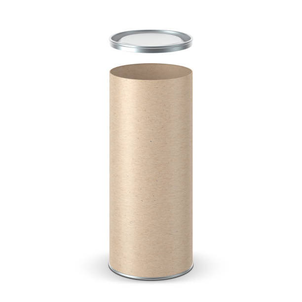 tubo di carta kraft brown tin può confezionare mockup con coperchio in metallo aperto - can canned food container cylinder foto e immagini stock