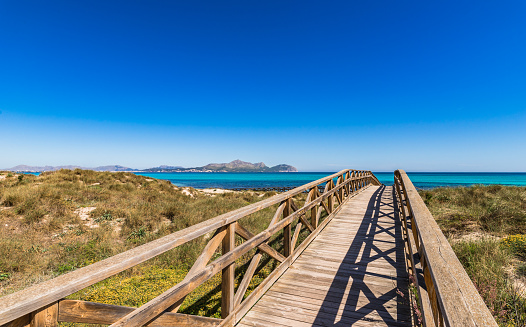 Can Picafort, Platja de Muro, wooden footbridge over the sand dunes to the beach bay of Alcudia, Spain Mediterranean sea