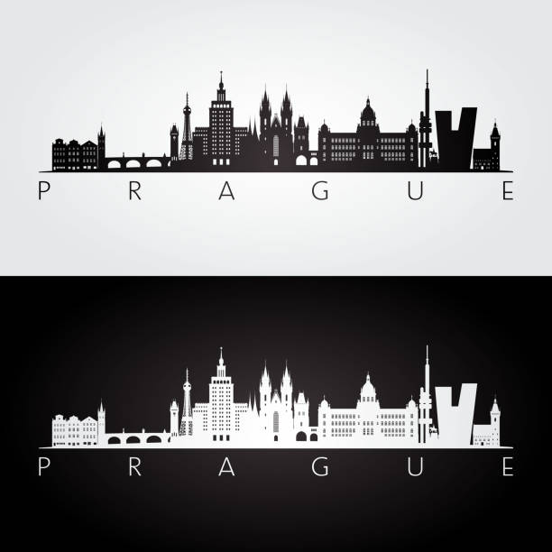 ilustrações, clipart, desenhos animados e ícones de praga skyline e marcos silhueta, preto e branco desenho, ilustração vetorial. - vltava river