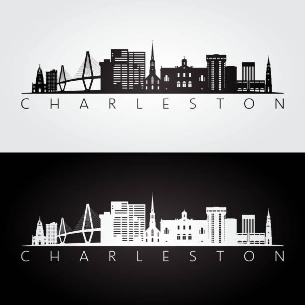 charleston abd manzarası ve simgesel siluet, siyah ve beyaz tasarım, illüstrasyon vektör. - south carolina stock illustrations