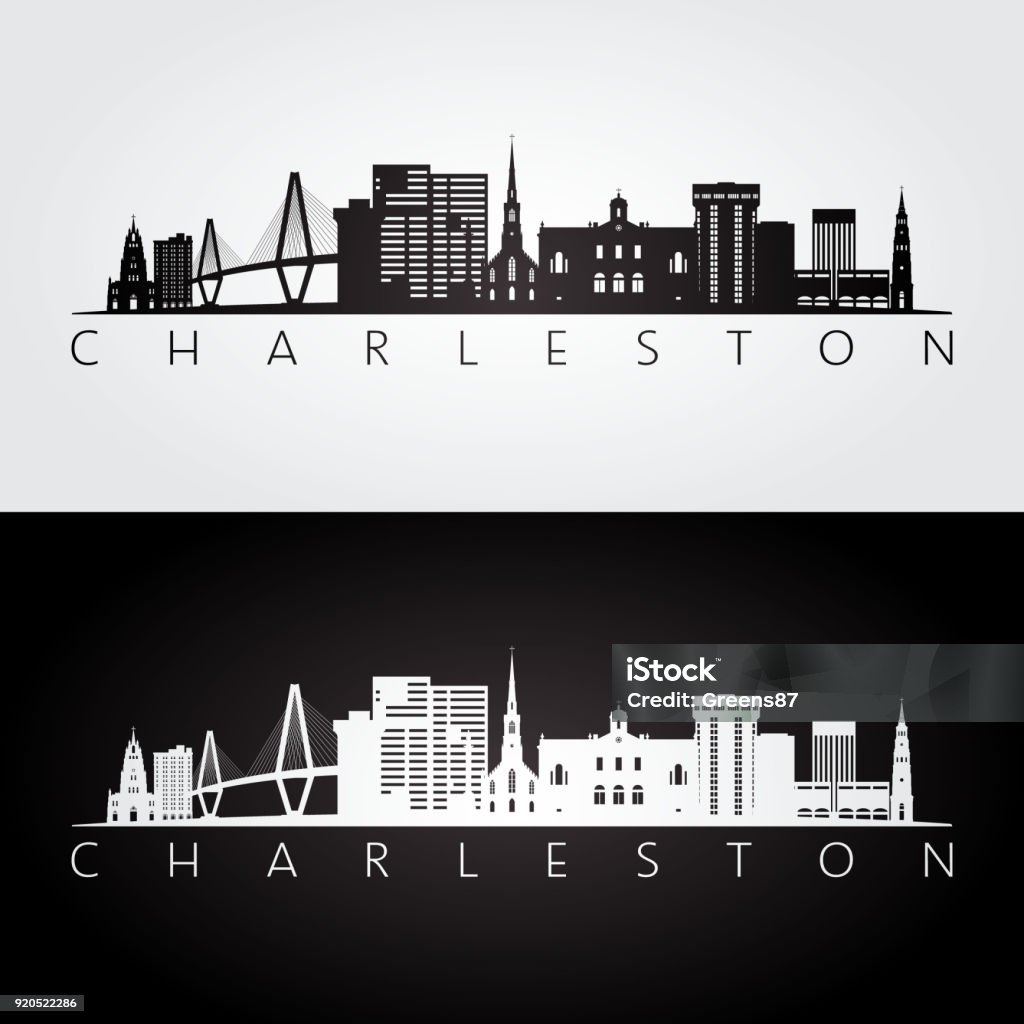 Charleston usa skyline and landmarks silhouette, black and white design, vector illustration. Charleston - South Carolina stock vector