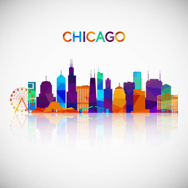 ilustraciones, imágenes clip art, dibujos animados e iconos de stock de silueta del horizonte de chicago en colorido estilo geométrico. símbolo para su diseño. ilustración de vector. - chicago