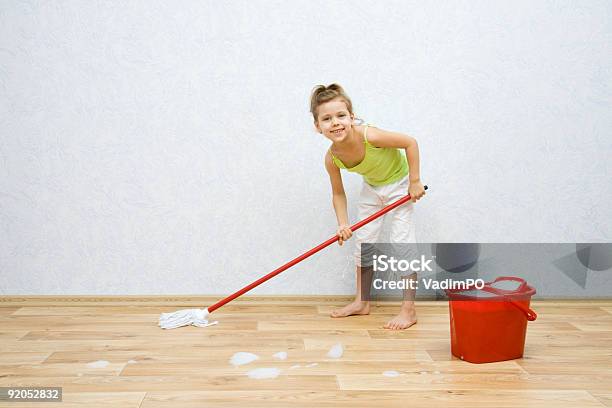 Little Girl Cleaning The Floor In Room Stock Photo - Download Image Now - Achievement, Adolescence, Assistance