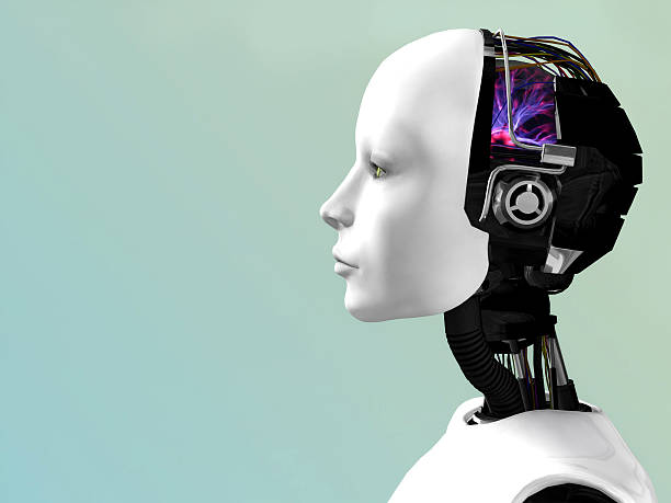 An expressionless android against a light background An image of a robot woman head in profile. robot head stock pictures, royalty-free photos & images