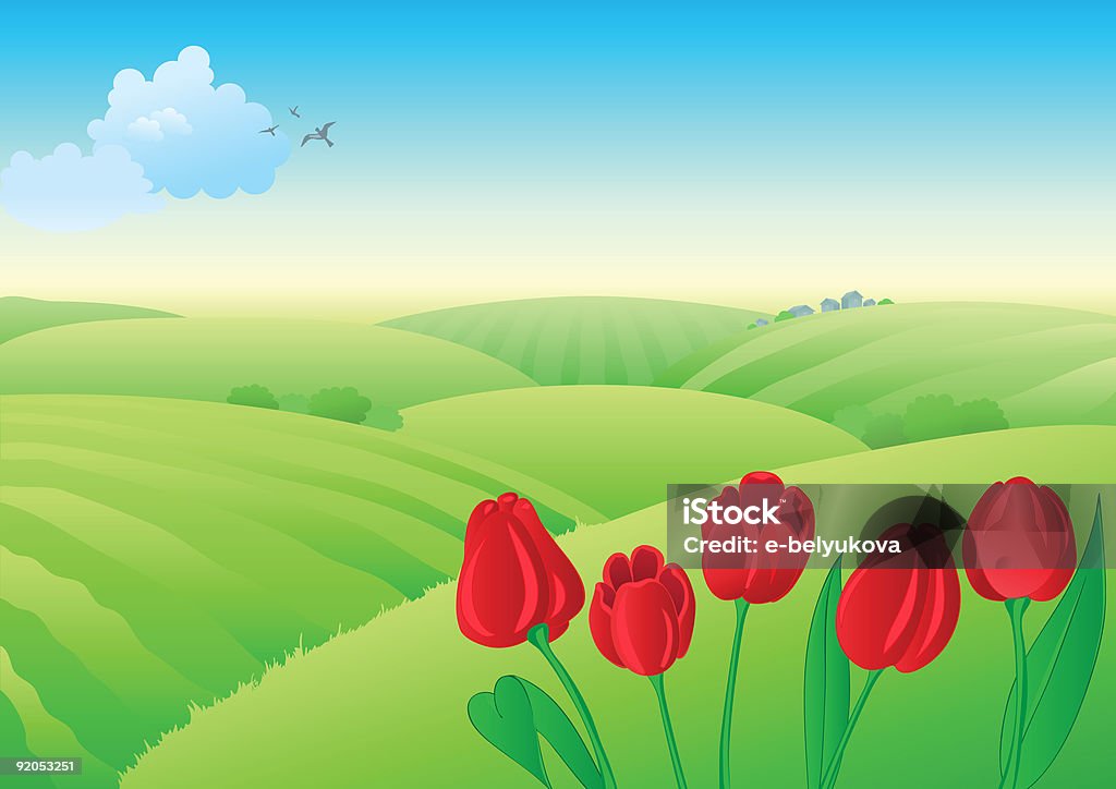 Paesaggio primaverile con tulipani rossi. - Illustrazione stock royalty-free di Ambientazione esterna