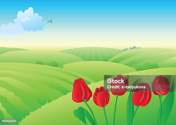 Paesaggio Primaverile Con Tulipani Rossi - Immagini vettoriali stock e altre immagini di Ambientazione esterna - Ambientazione esterna, Ambientazione tranquilla, Aprile