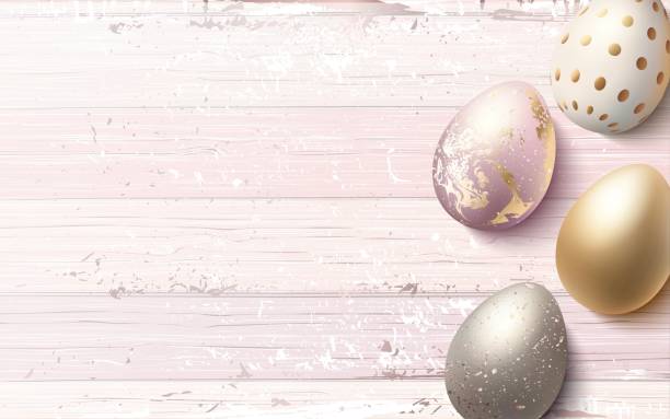 ilustrações de stock, clip art, desenhos animados e ícones de beautiful easter golden eggs on pink shabby wooden background. - wood eggs easter easter egg