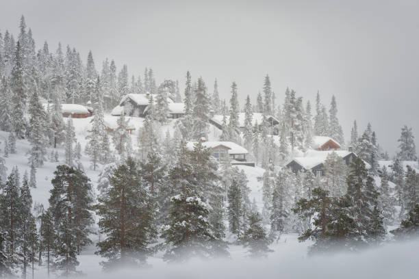 冬マウンテンヴィレッジ - sweden cottage winter snow ストックフォトと画像