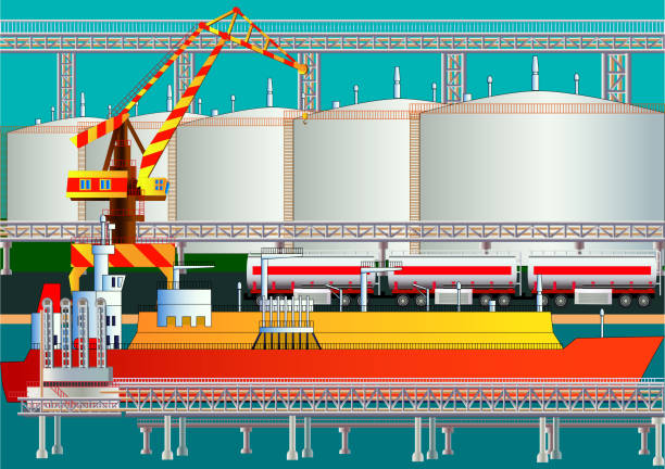 Fuel gas tanker, LNG transporter, gas terminal and tanks. Vector Fuel gas tanker, LNG transporter, gas terminal and tanks. Vector illustration. Flat style. Silhouette. Icon. All objects are located on isolated layers lng liquid natural gas stock illustrations