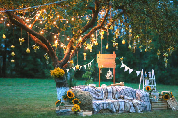 istock Rustic wedding photo zone. Hand made wedding decorations includes Photo Booth, wooden barrels and boxes, lanterns, suitcases and white flowers 920549800