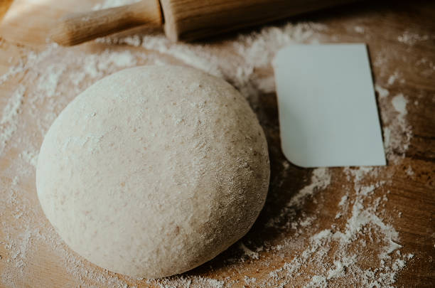 Whole wheat pizza dough shaped into ball on floured wooden background