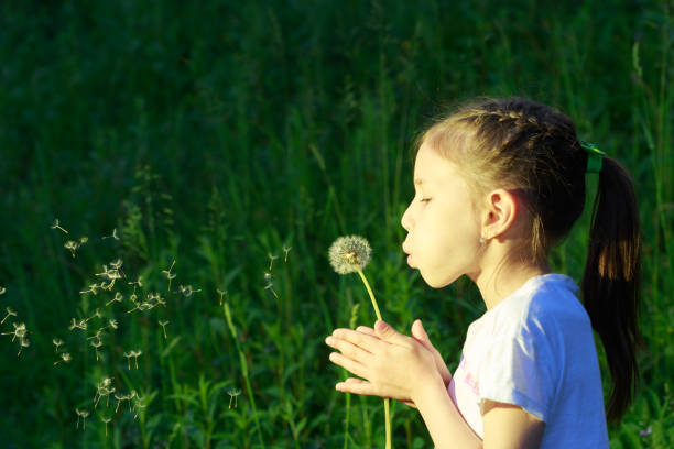 istock Beautiful child blowing away dandelion flower in spring. Fun on meadow. 920550098