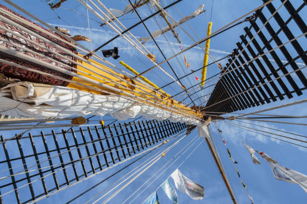 A view looking up at the mast and rigging of a tall ship in the Baltimore harbor.