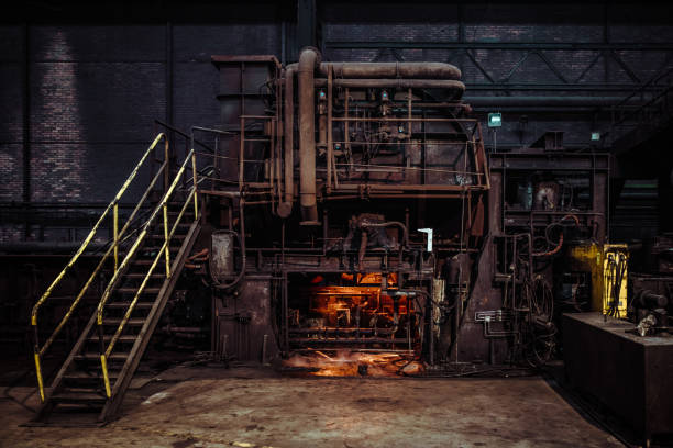 innenraum einer alten verlassenen stahlfabrik in westeuropa - alte fabrik stock-fotos und bilder