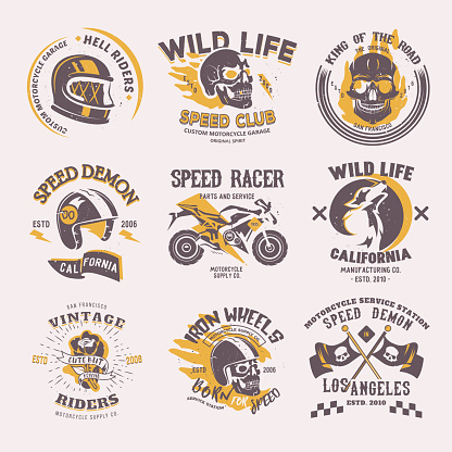 Biker icon vector rider on motorcycle or bike and speed motorcyclist racer on icontype motor emblem illustration racing set isolated on white background.