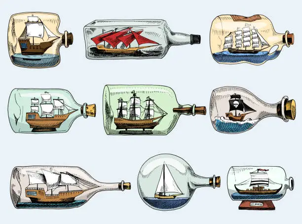 Vector illustration of Ship in bottle vector boat in miniature gifted sail souvenir in glass sailboat with cork or shipping in flask isolated on the white background