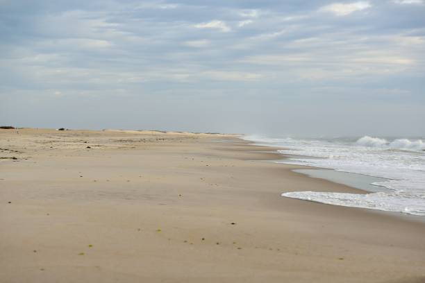 Assateague Beach Deserted Winter beach on Assateague Island National Seashore with cumulus clouds and breaking surf. eastern shore sand sand dune beach stock pictures, royalty-free photos & images
