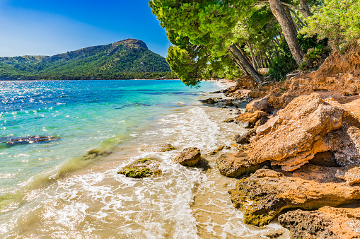 View of bay beach of Platja de Formentor, idyllic seaside on Mallorca, Spain Mediterranean Sea
